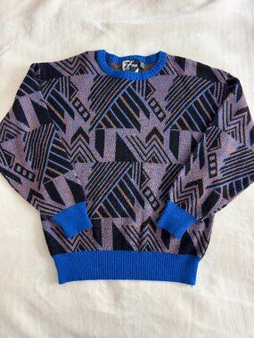 Vintage 80s Tyrolia Skiwear Geometric Ski Sweater Blue Black Orange Abstract